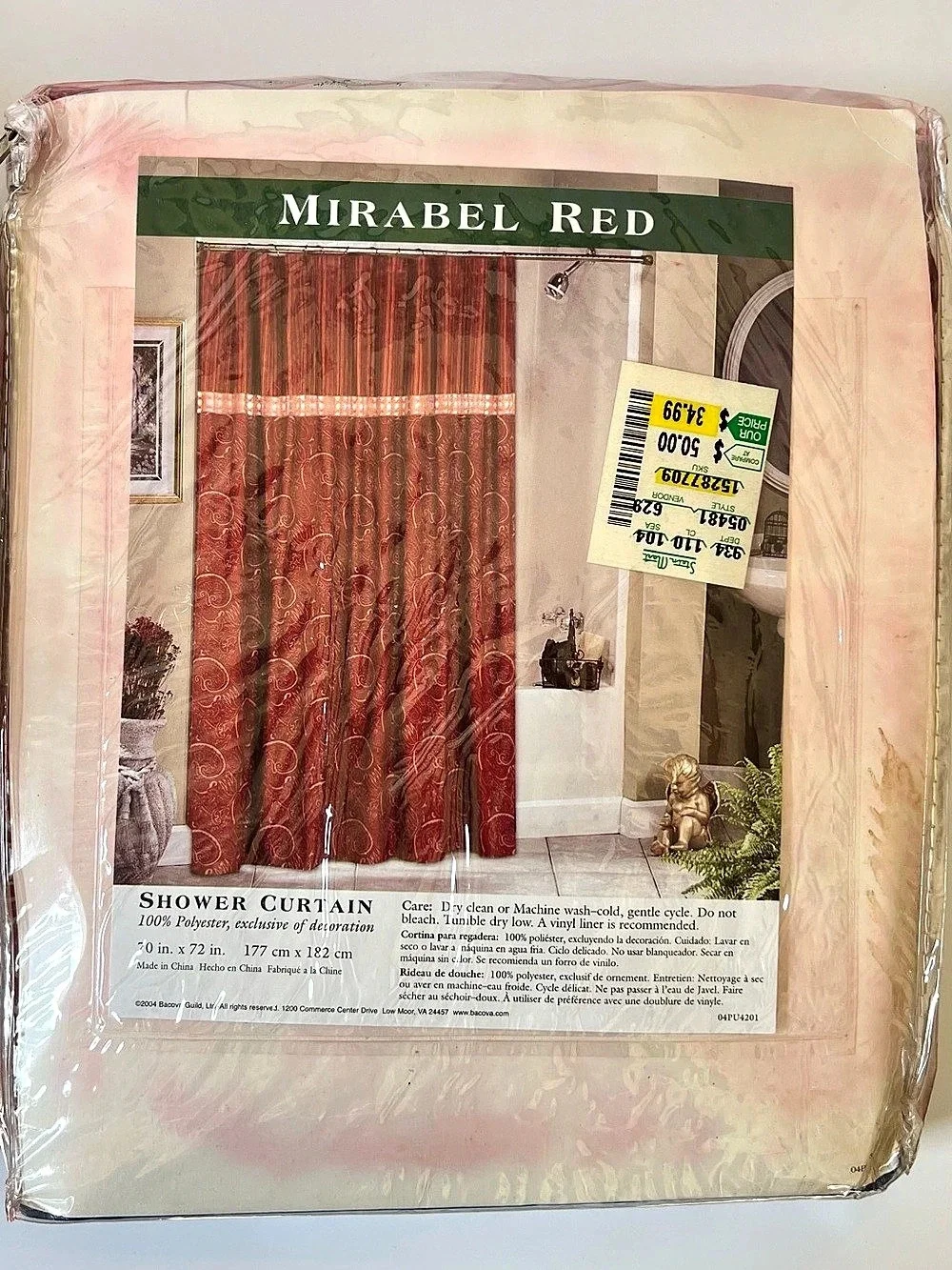 Bacova Mirabel Red Paisley Shower Curtain Red & Gold NWT